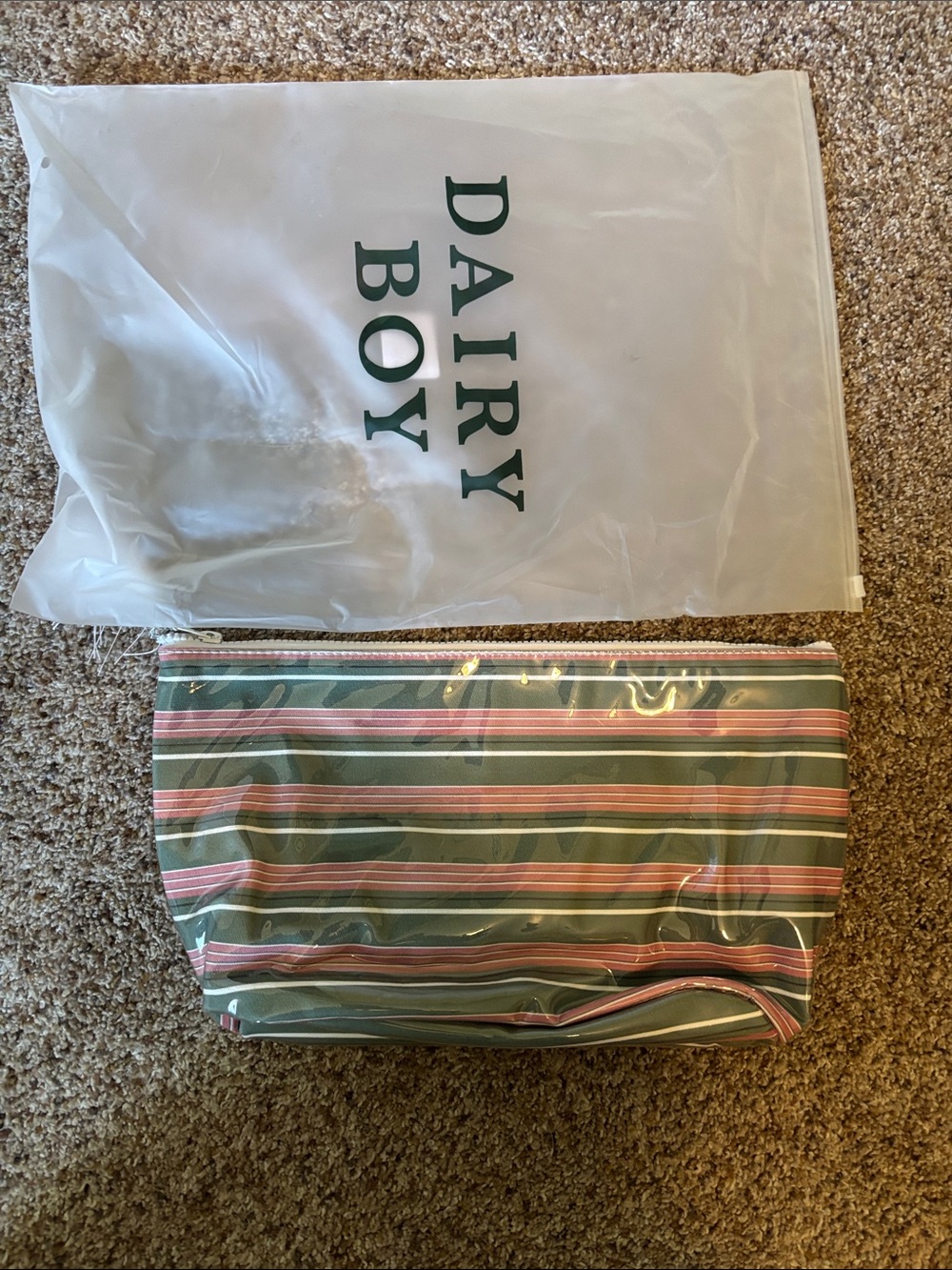 Dairy Boy sold out Striped Cosmetic Pouch in Olive Green and Pink